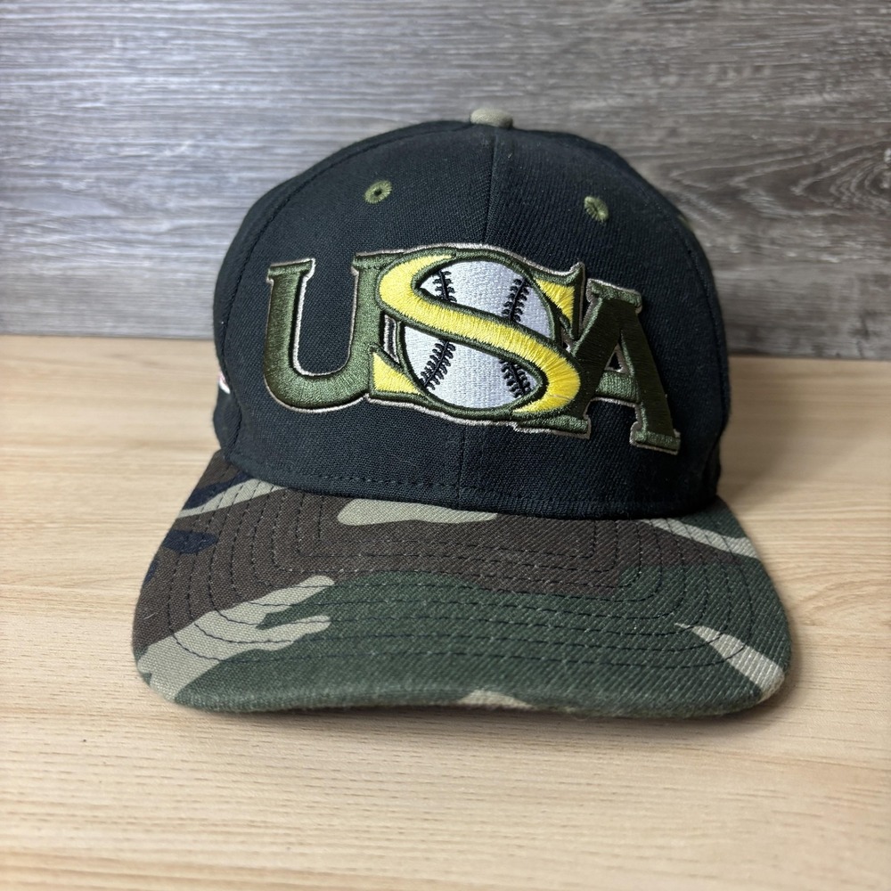 New Era USA Baseball Hat Cap Fitted Mens Large/XL Black Camo Embroidered Flag